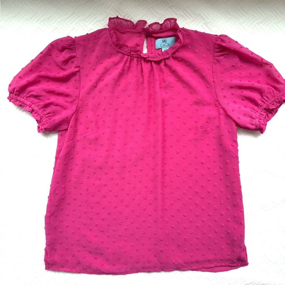 CeCe Pink Blouse with Puffed Sleeves and Ruched Neckline